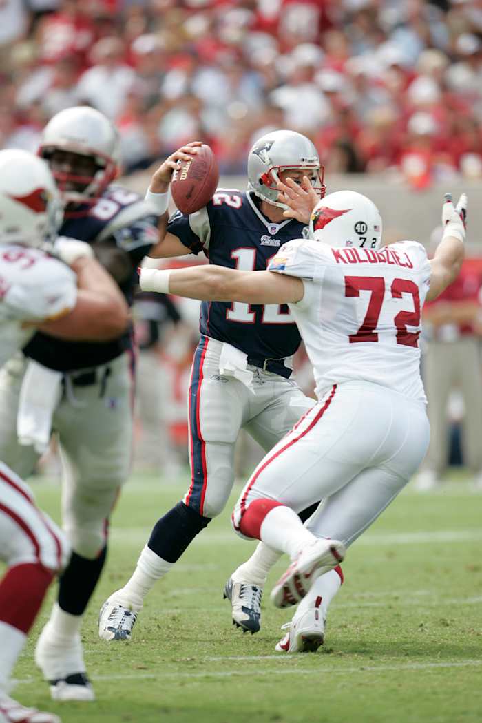 Ross Kolodziej sacking New England Patriots quarterback Tom Brady (Credit: Craig Melvin-USA TODAY Sports)